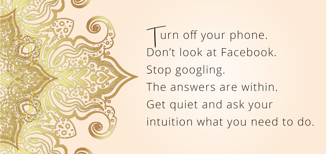 Turn off your phone. Don’t look at Facebook. Stop googling. The answers are within. Get quiet and ask your intuition what you need to do. 